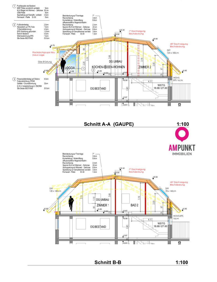 Architektonische Schnitte des Gebäudes zeigen die Dachkonstruktion und Raumaufteilung.