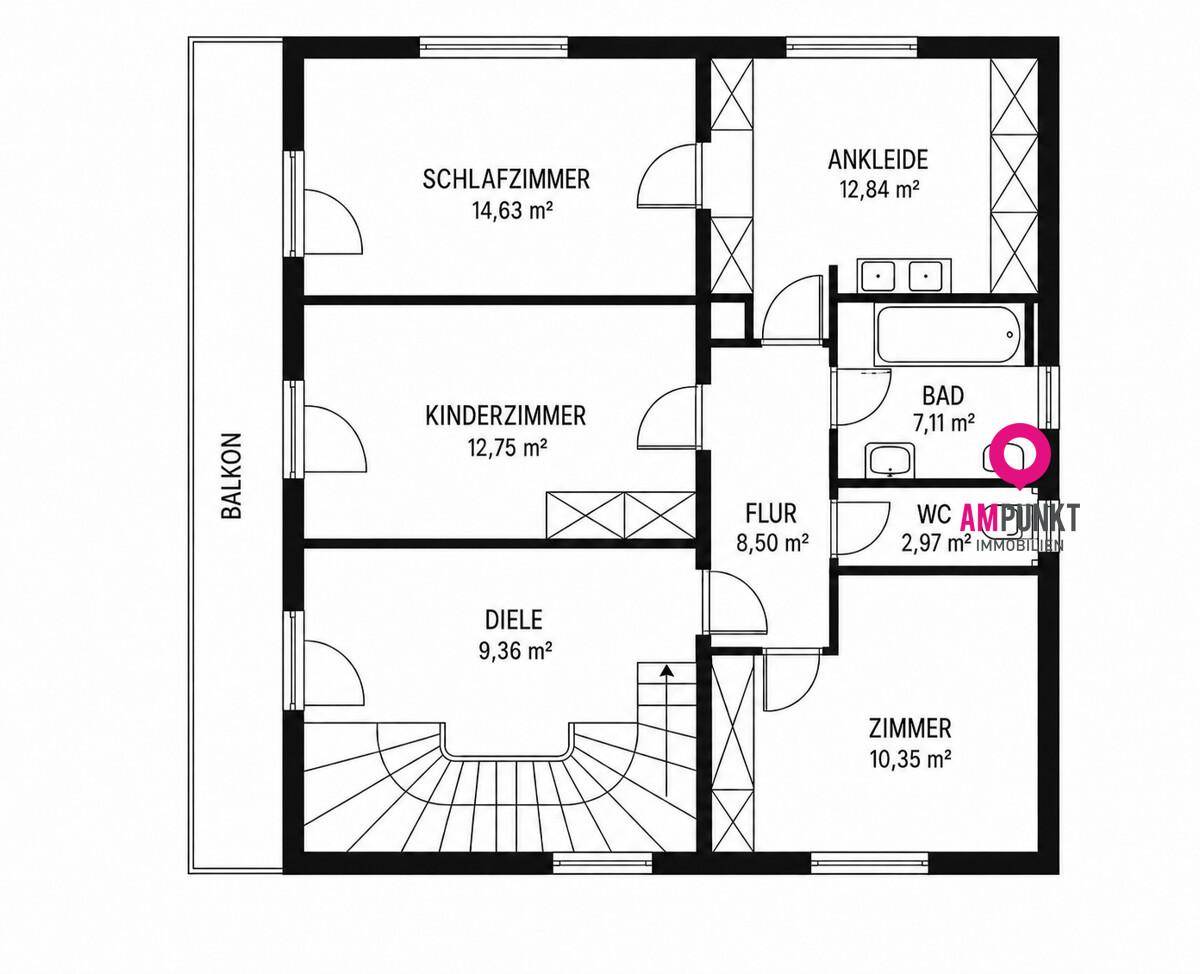 Grundriss des Obergeschosses mit drei Schlafzimmern, Ankleide, Bad und WC.