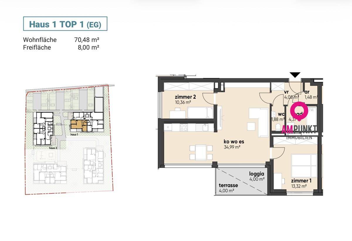 Grundriss einer Erdgeschosswohnung mit offenem Wohnbereich, zwei Zimmern, Loggia und Terrasse.
