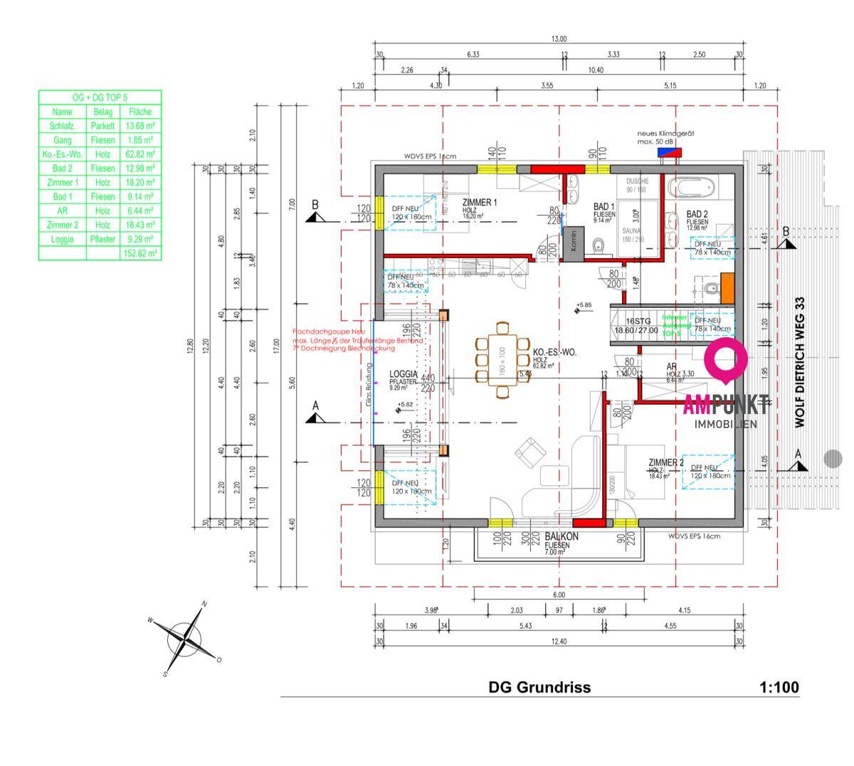 Grundriss des Dachgeschosses mit offener Wohnküche, zwei Bädern und Loggia.