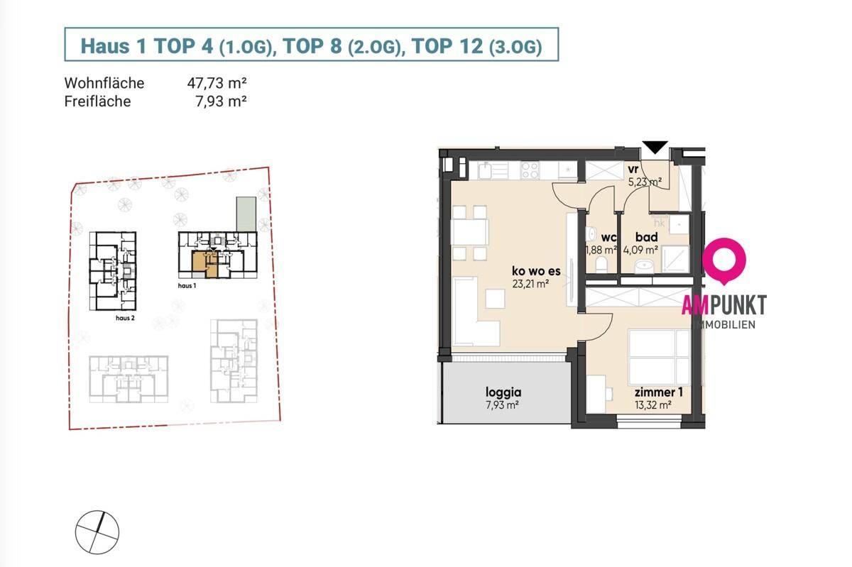 Grundriss einer Wohnung mit offenem Wohnbereich, Loggia, Schlafzimmer und Badezimmer.