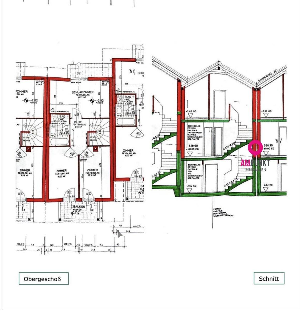 Grundriss des Obergeschosses und Schnittansicht mit Dachschrägen und Balkonen.