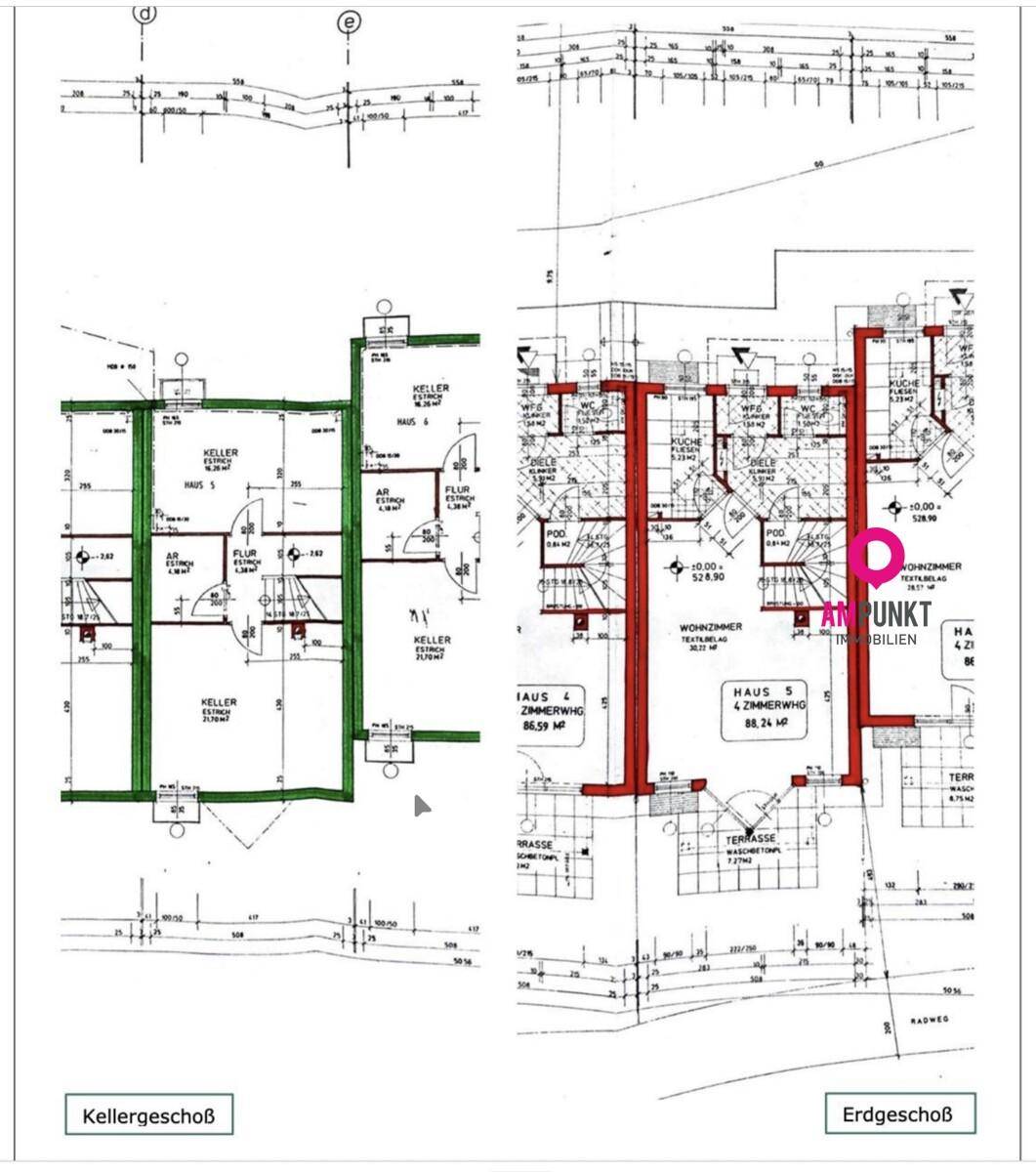 Grundriss des Keller- und Erdgeschosses mit Raumaufteilung und Terrassenbereich.