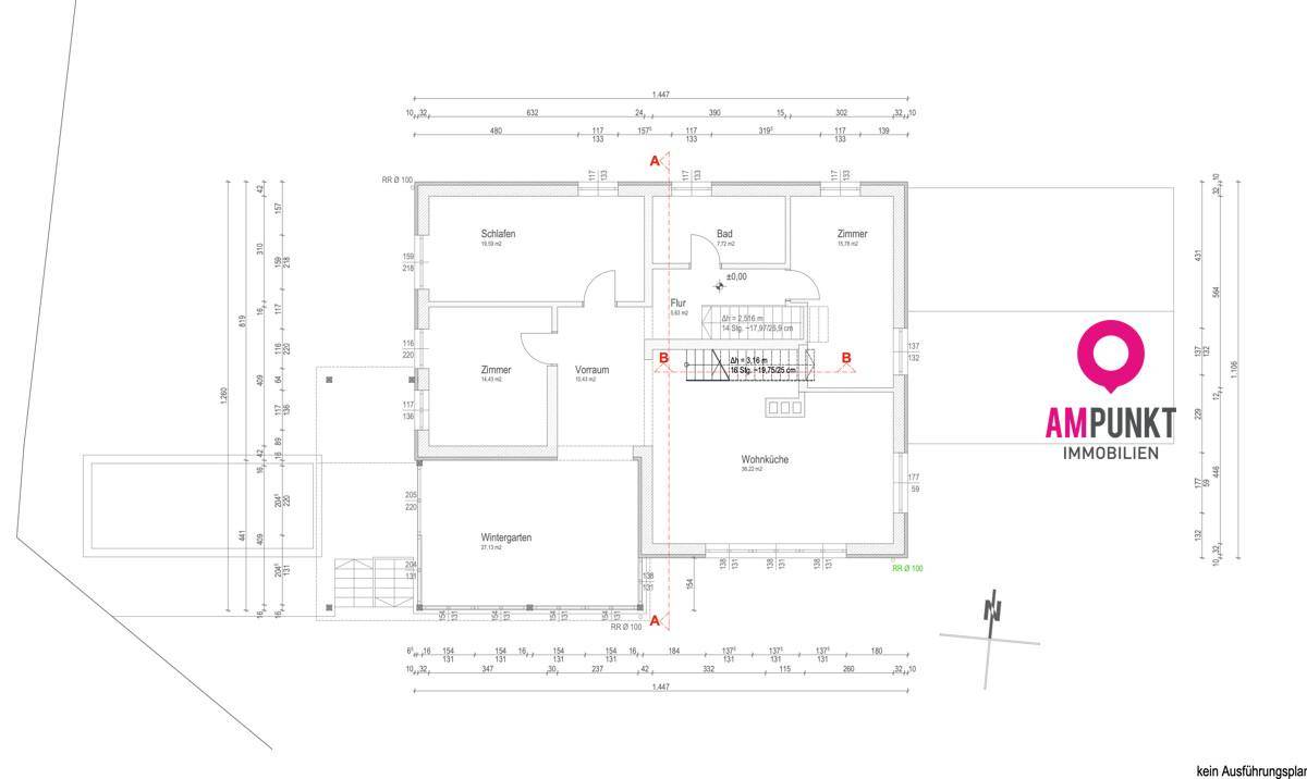 Grundriss des Erdgeschosses mit Schlafzimmern, Bad, Flur, Wäscheküche und Wintergarten.
