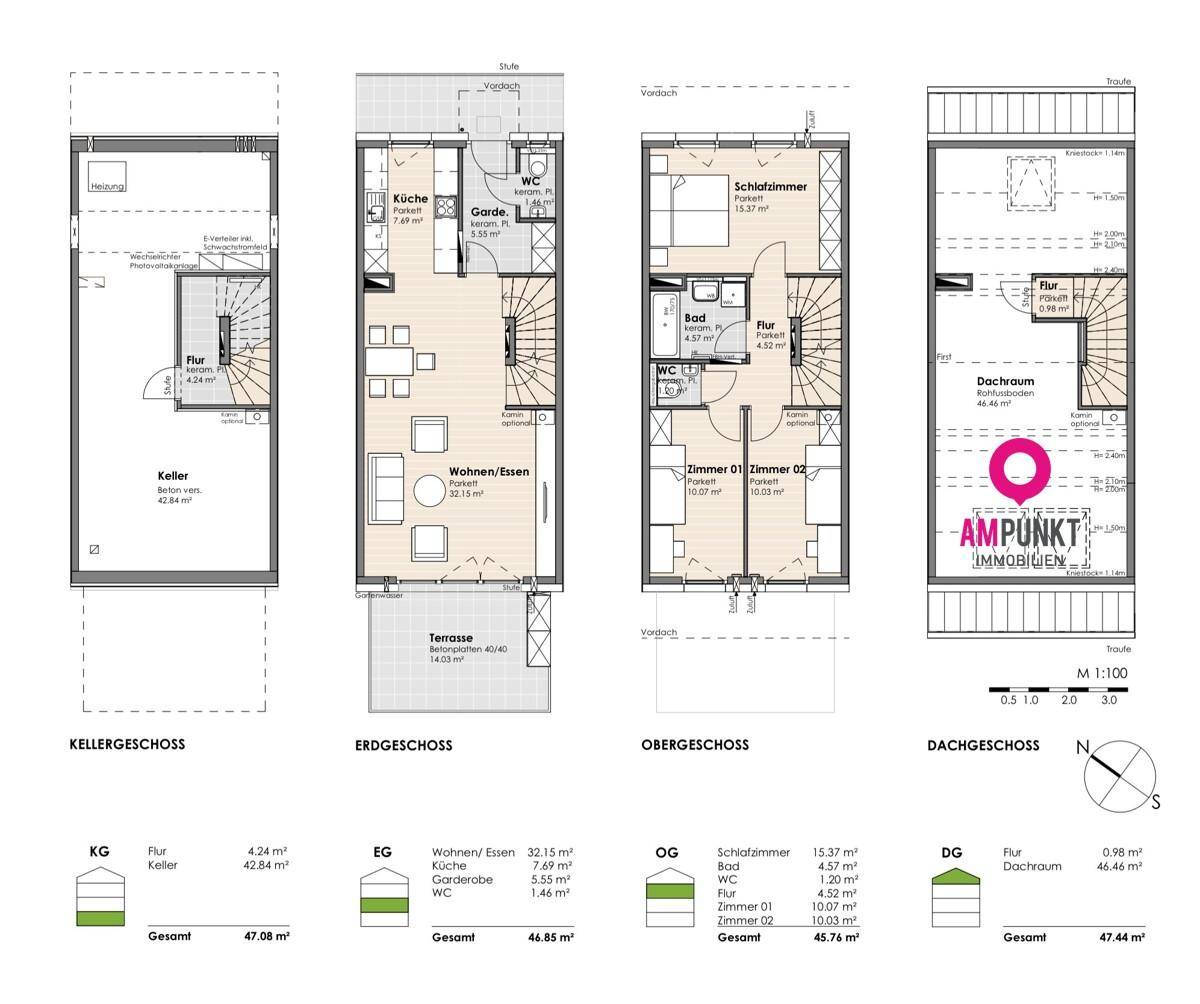 Detaillierter Grundrissplan über vier Ebenen mit Keller, Erdgeschoss, Obergeschoss und Dachraum.