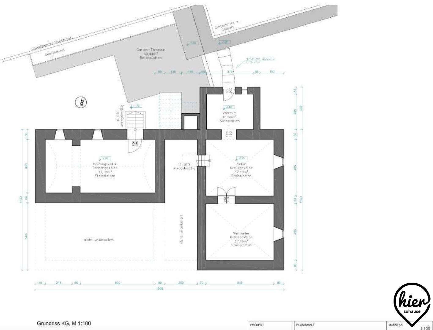 Grundriss des Kellergeschosses mit verschiedenen Räumen und Zugang zur Gartenterrasse.