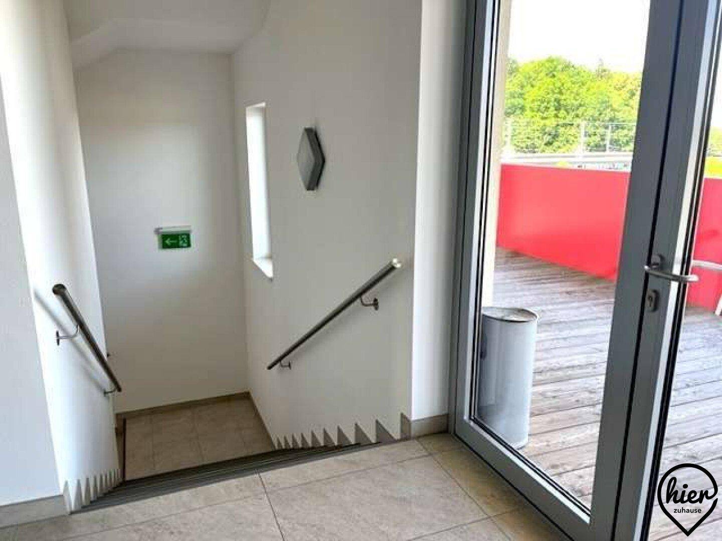Treppenhaus mit Handläufen, das nach unten führt, und einer Glastür zu einem Außenbereich.