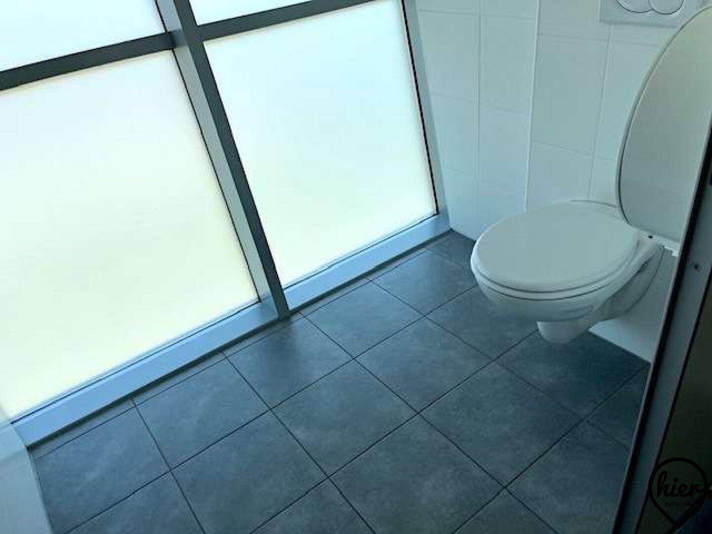 Toilettenbereich mit wandhängendem WC und großen Fenstern mit Milchglas, die den Fliesenboden beleuchten.