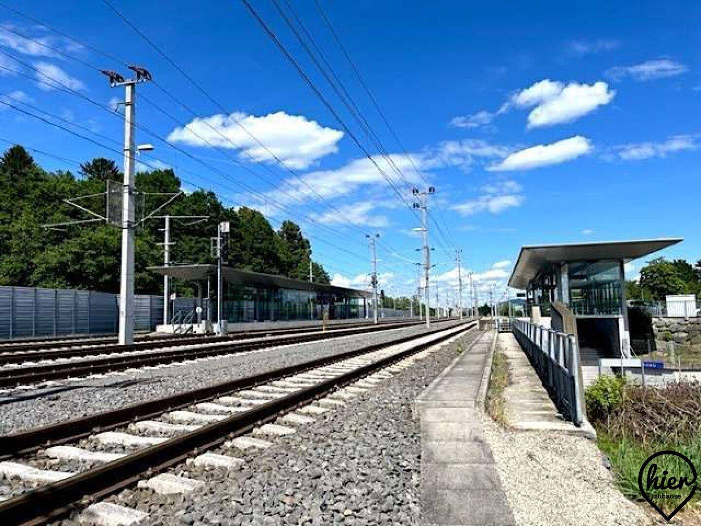 Blick auf Bahngleise und Bahnsteige eines Bahnhofs, mit Oberleitungen und Bäumen im Hintergrund.