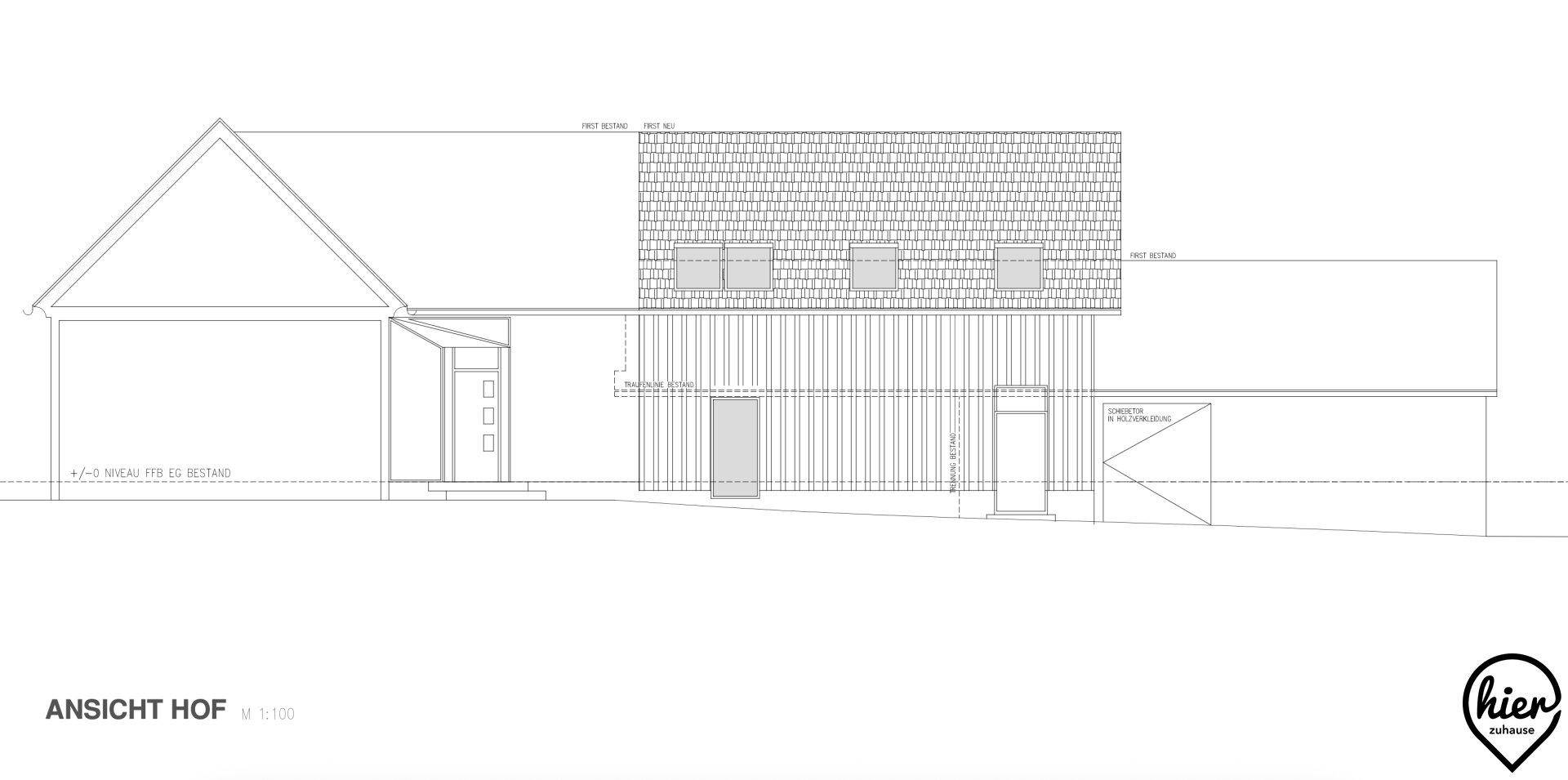 Architektonische Seitenansicht des Gebäudes vom Hof aus, mit Dach und Fenstern dargestellt.