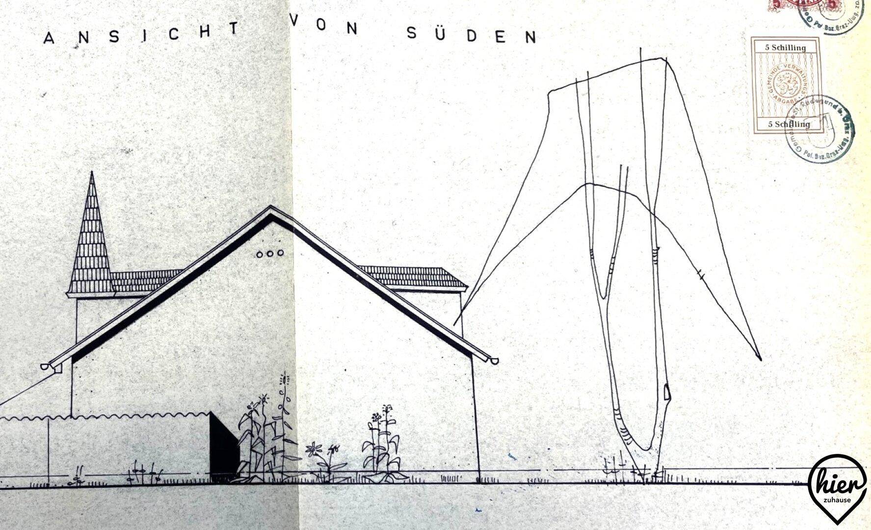 Architektonische Ansicht des Hauses von Süden, zeigt das Satteldach und die Gartenbepflanzung.