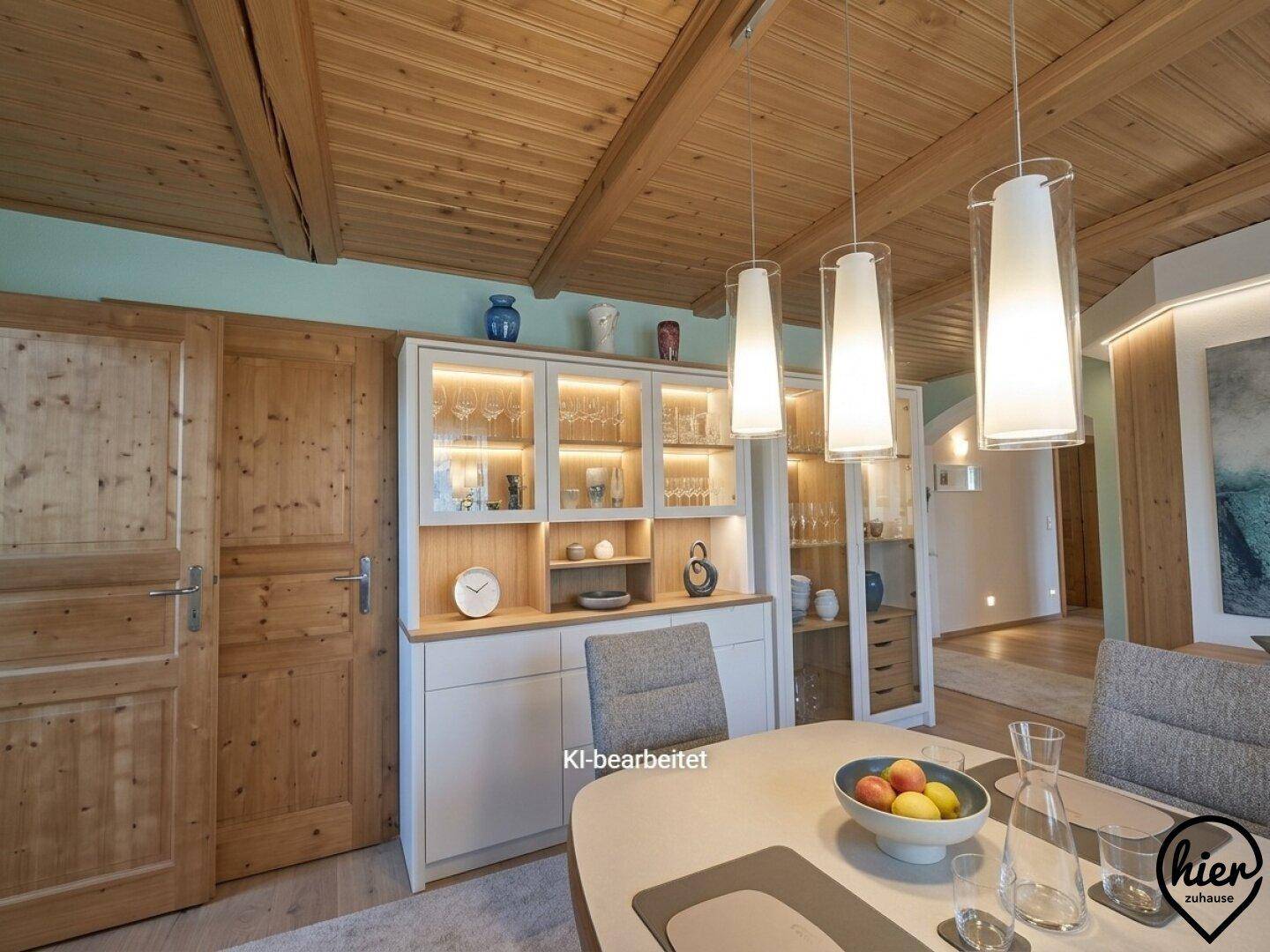Modernisierter Essbereich mit Holzbalkendecke, stilvollen Pendelleuchten und beleuchtetem Vitrinenschrank.