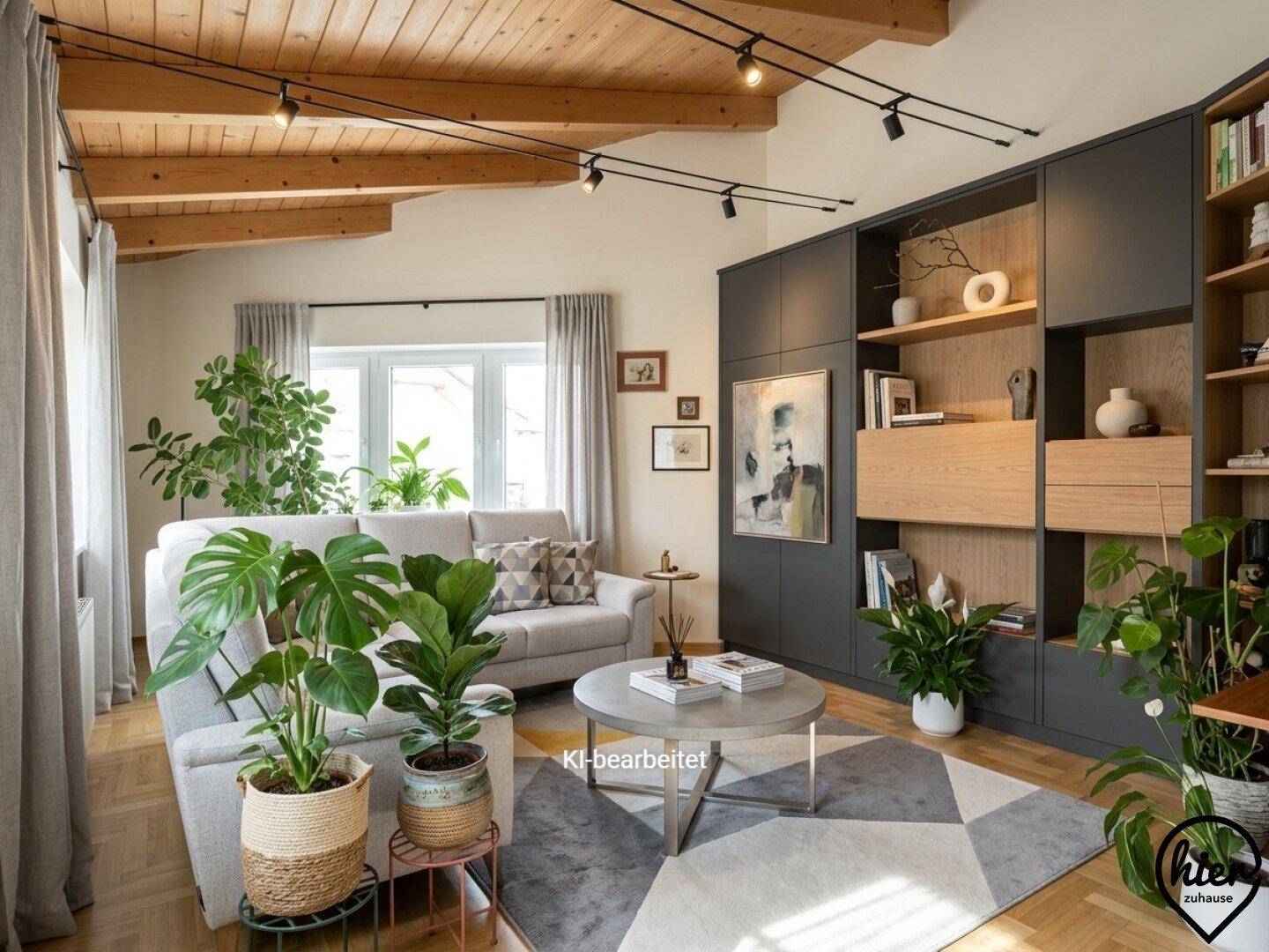Modernisiertes Wohnzimmer mit Holzbalkendecke, stilvollen Möbeln und vielen Grünpflanzen.