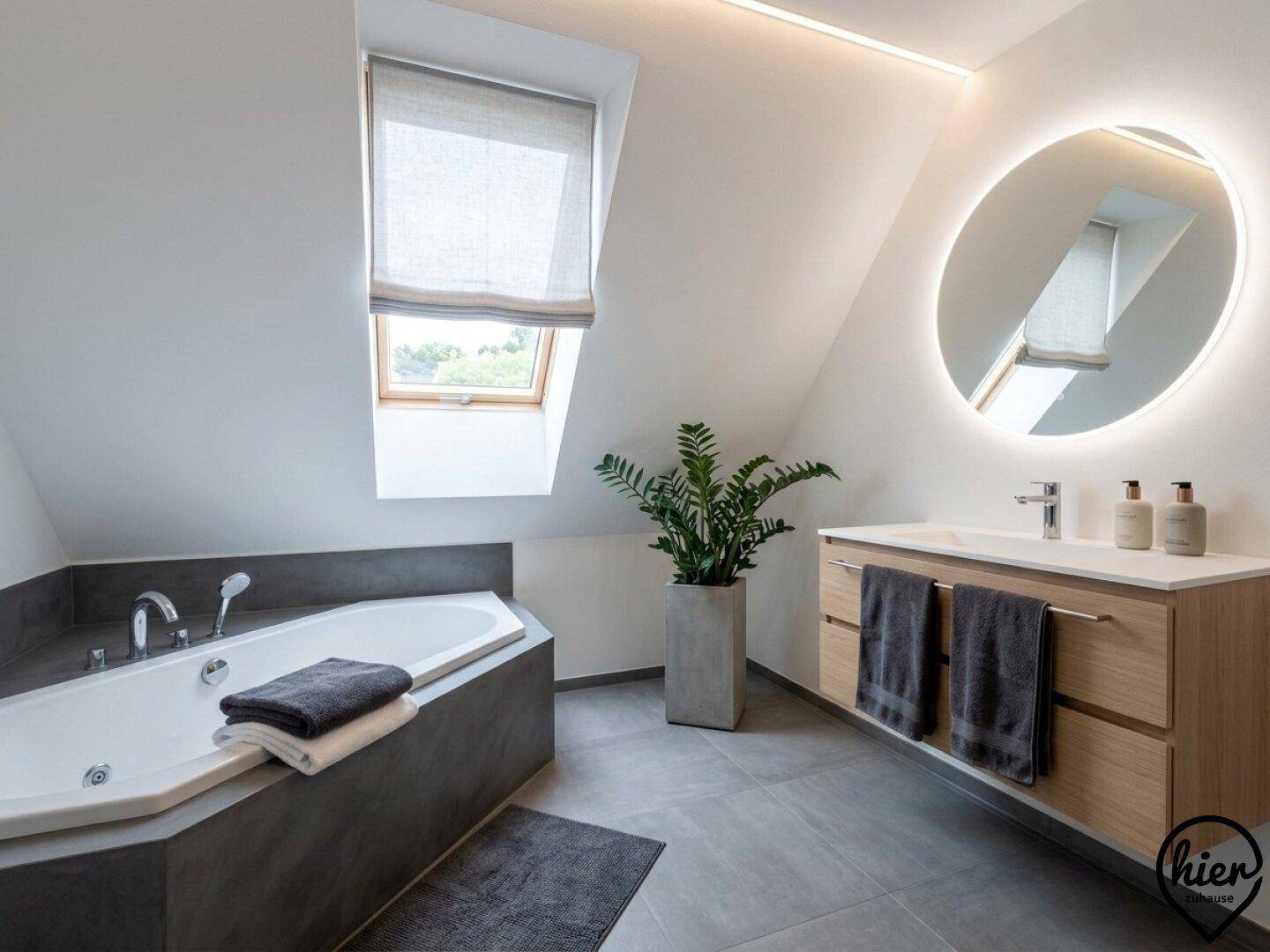 Modernisiertes Badezimmer mit Eckbadewanne, beleuchtetem Spiegel und Dachfenster.