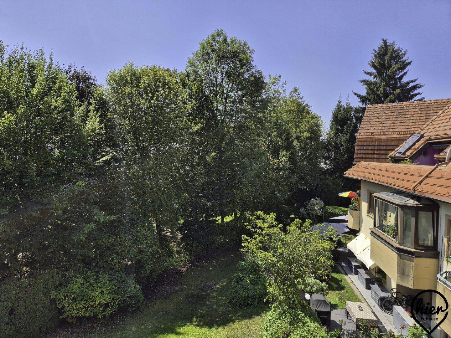 Blick auf die Rückseite des Gebäudes mit üppiger Baumlandschaft und Terrassenbereichen.