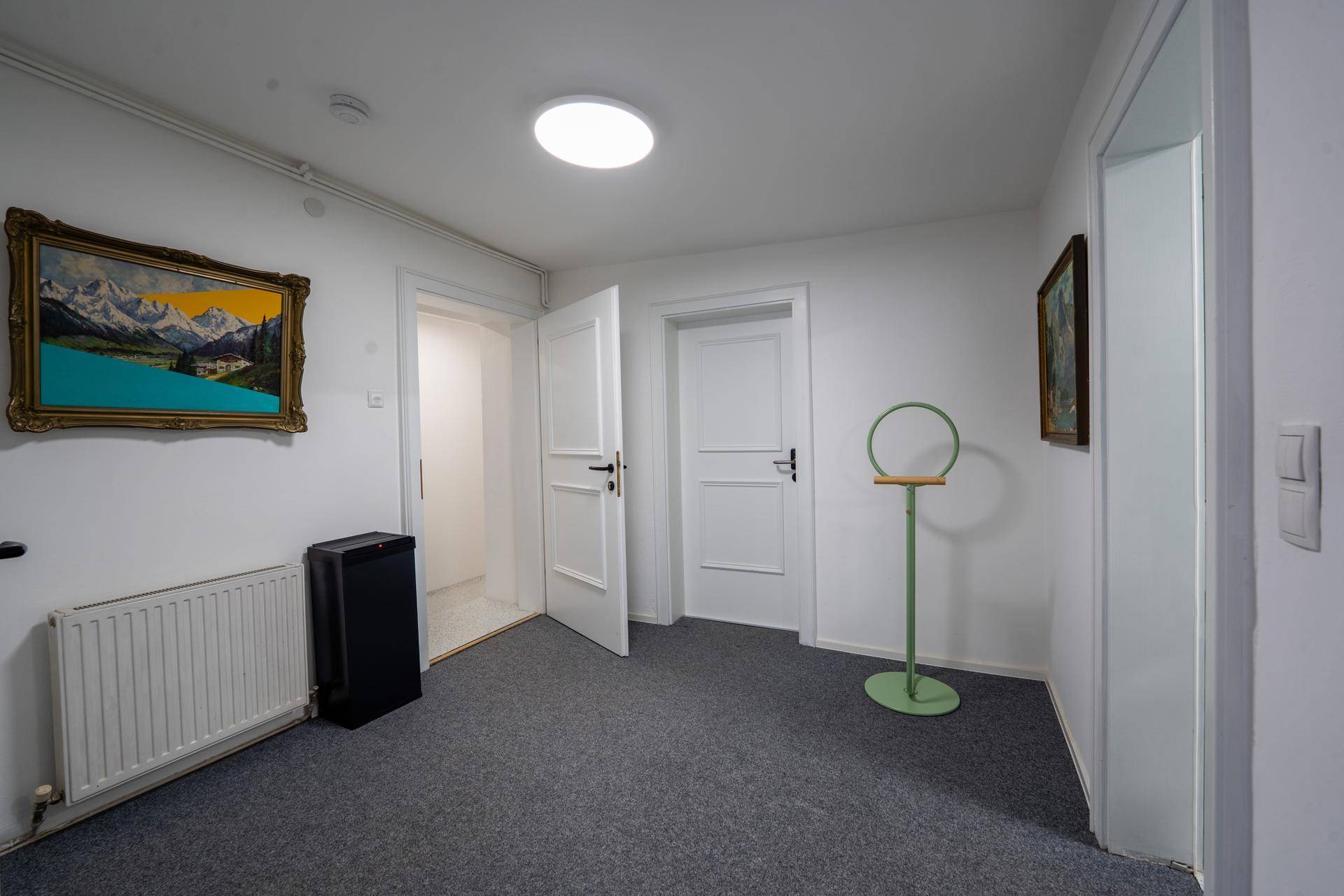 Heller Flur mit Teppichboden, Heizkörper und mehreren Türen, der zu weiteren Räumen führt.