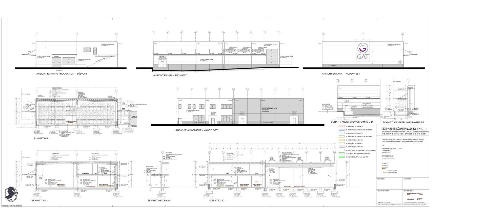 Architektonische Zeichnungen mit verschiedenen Ansichten und Schnitten des Gebäudes.