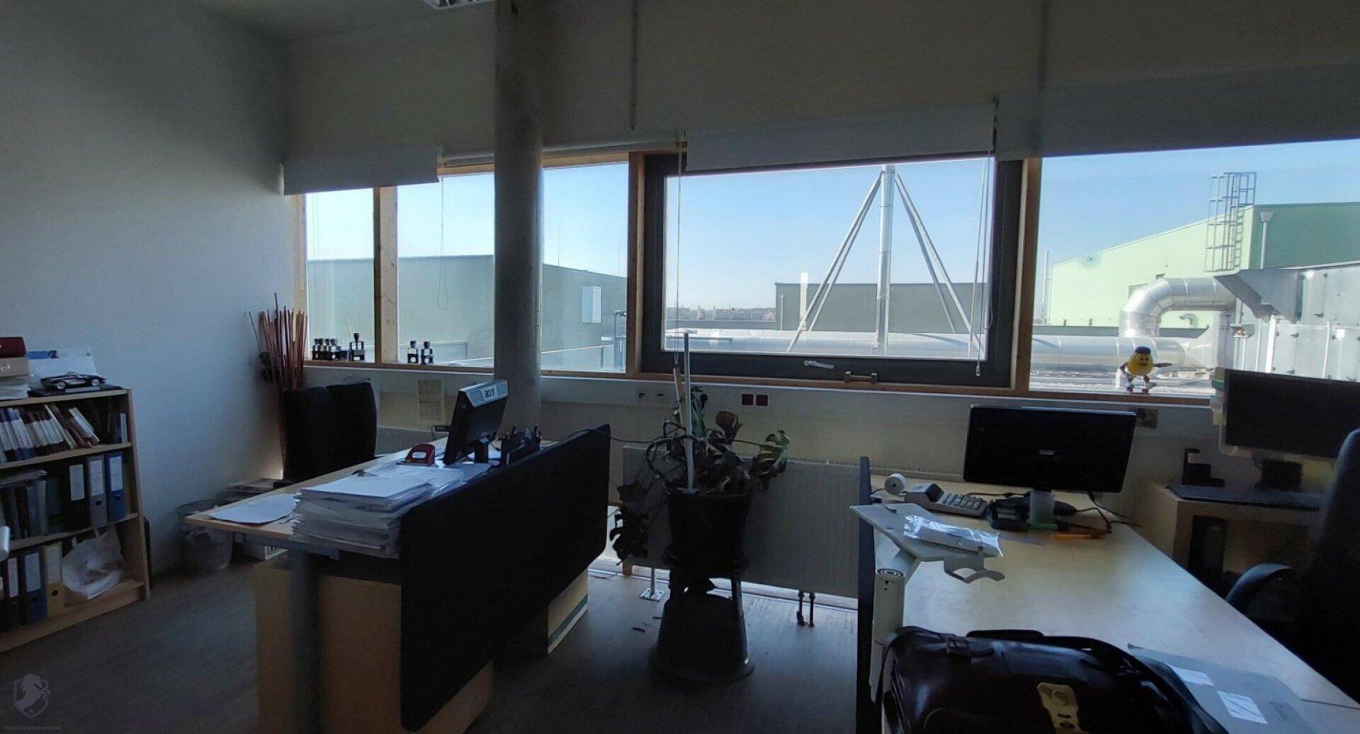 Eingerichteter Büroraum mit Schreibtischen, Computern und großem Fenster mit Blick auf das Dach.