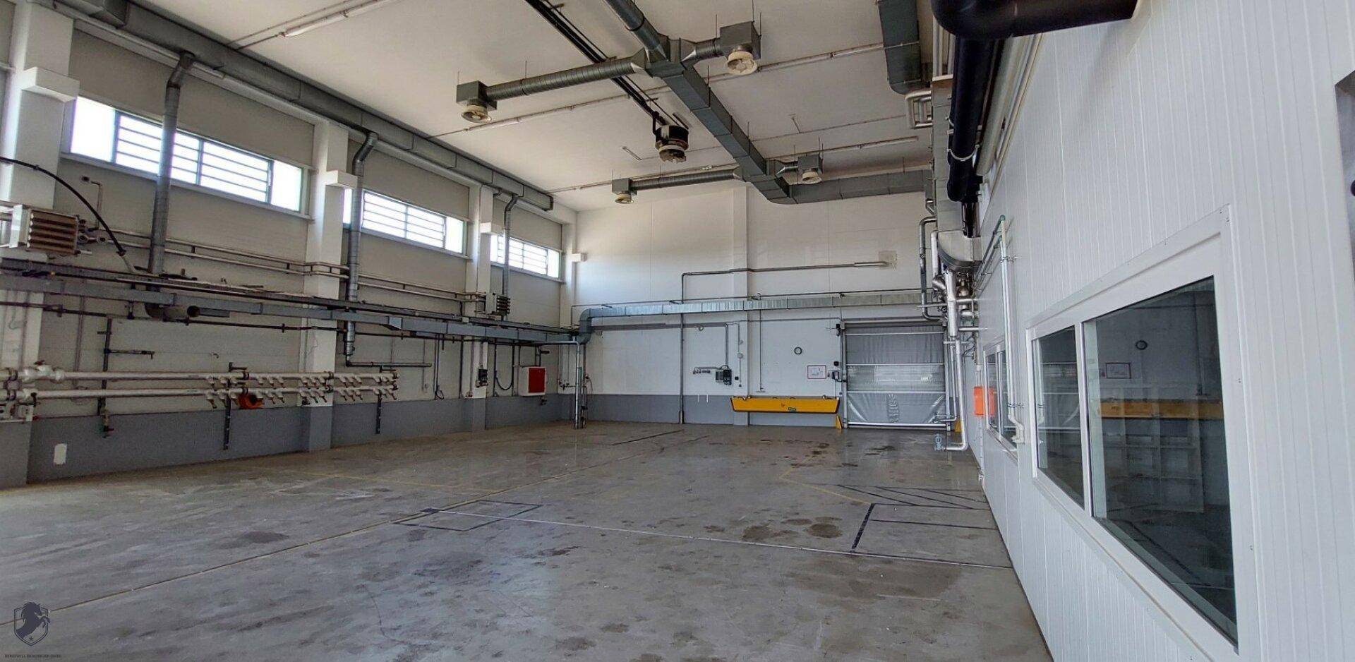 Weitläufige Industriehalle mit hohen Decken, großen Fenstern und sichtbaren Installationen.