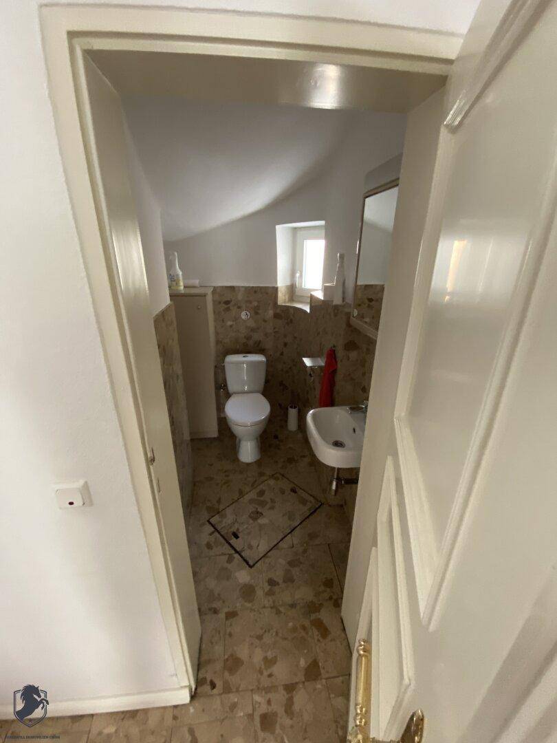 Kleines Badezimmer mit Toilette, Waschbecken und Terrazzoboden, durch eine Tür gesehen.