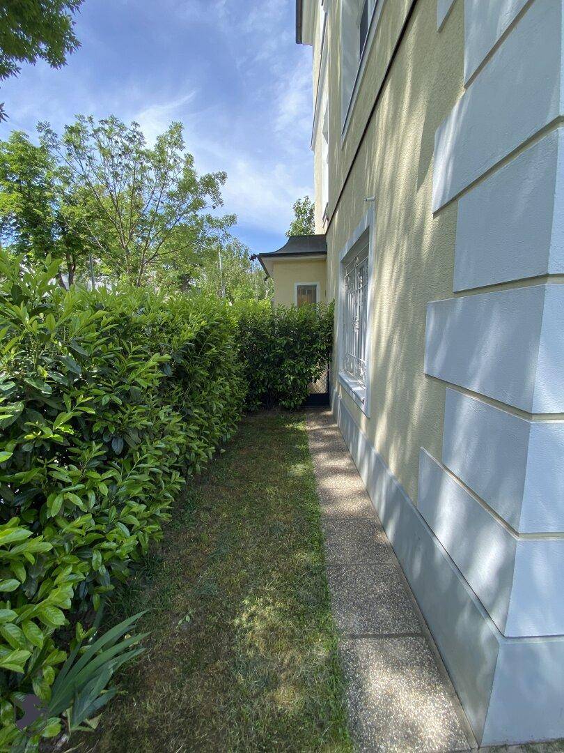 Schmaler Gartenweg entlang der Hauswand mit grünen Hecken und Rasenfläche.