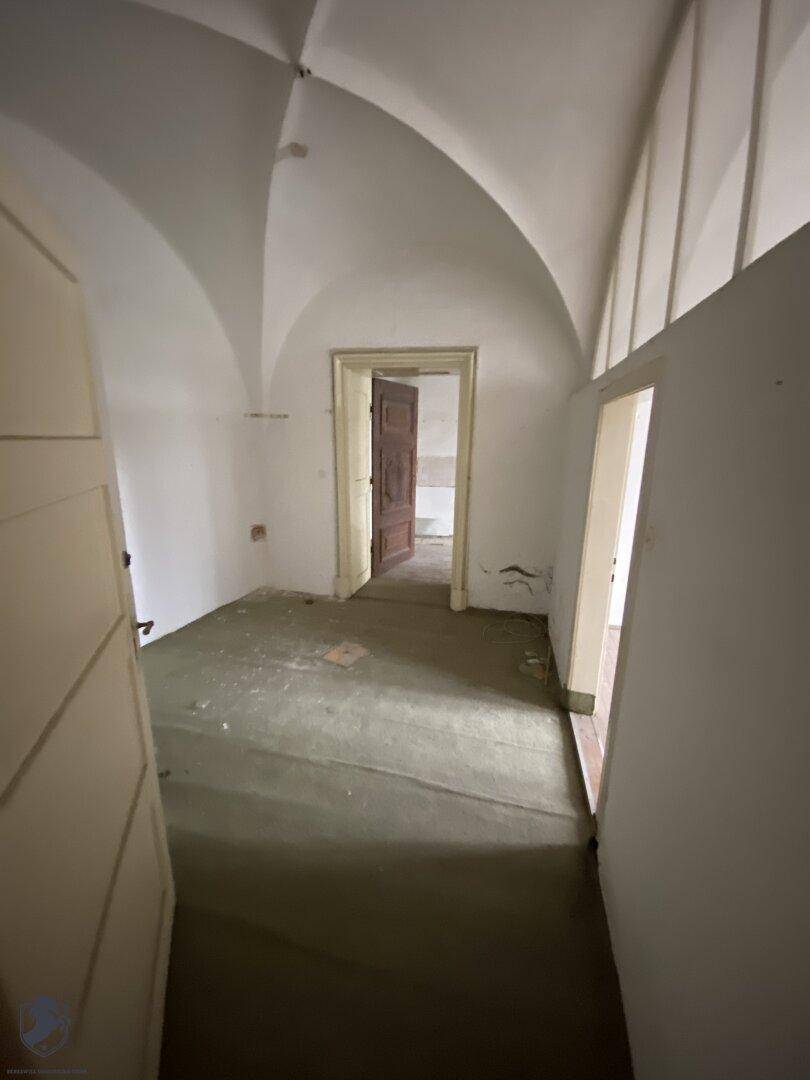 Langer Flur mit beeindruckender Gewölbedecke und einfacher Beleuchtung, der auf Renovierung wartet.