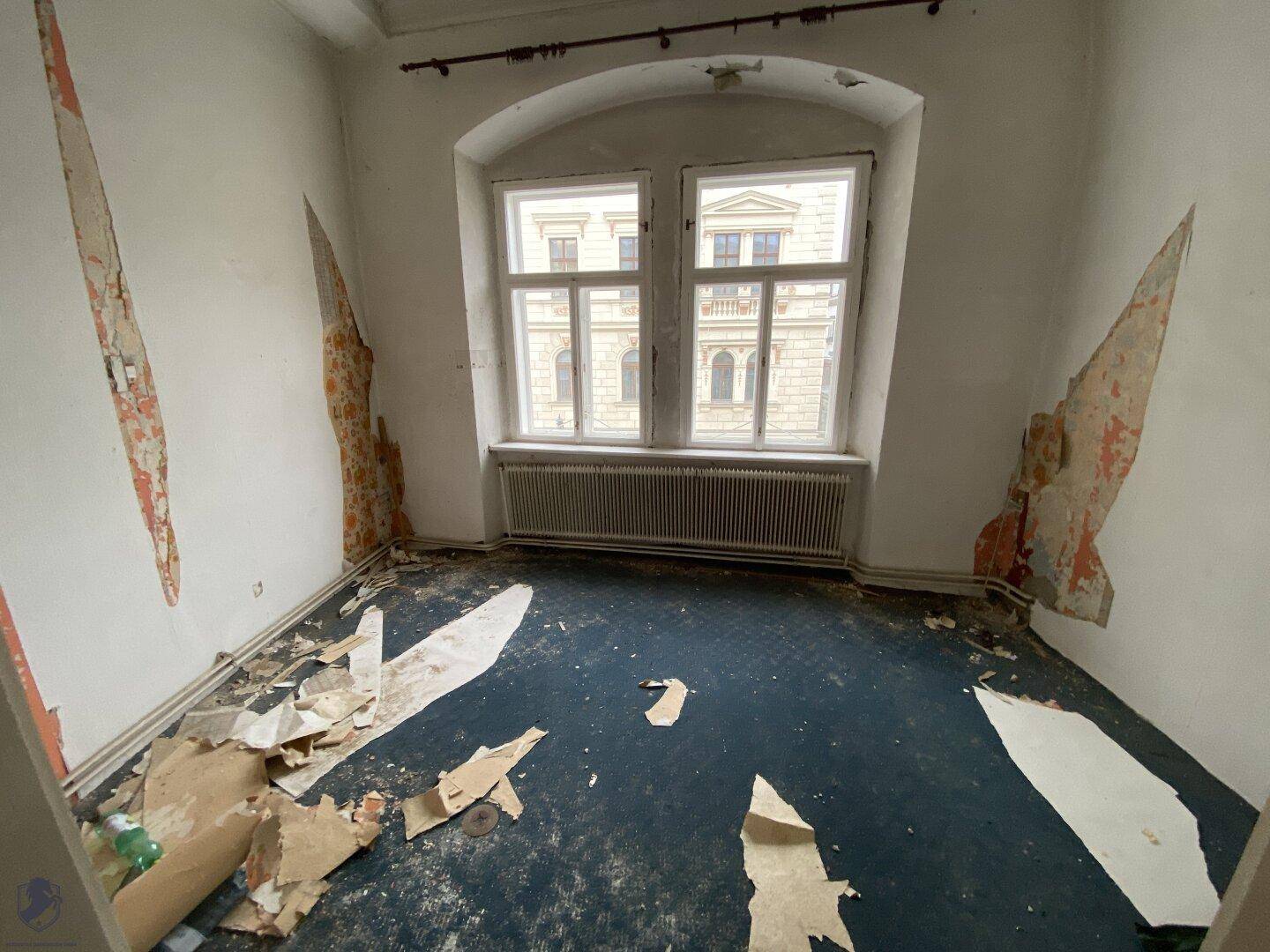 Raum mit blauem Teppichboden und einem großen, gewölbten Fenster, das viel Tageslicht hereinlässt.