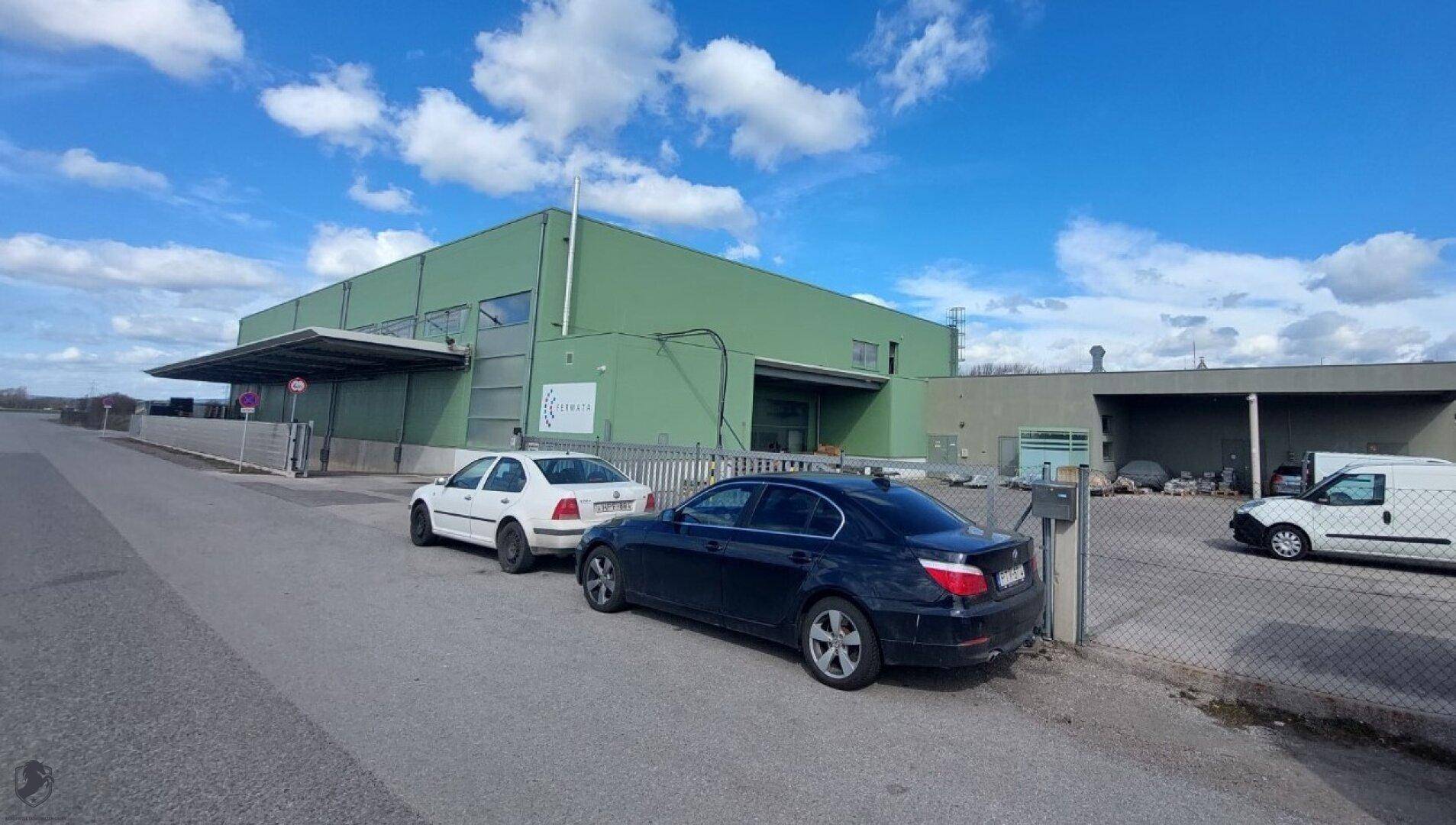 Grünes Industriegebäude mit geparkten Autos davor unter blauem Himmel.