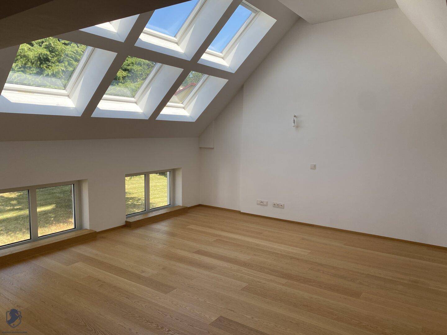 Lichtdurchfluteter Raum mit Holzdielenboden, weißen Wänden und großen Dachfenstern.