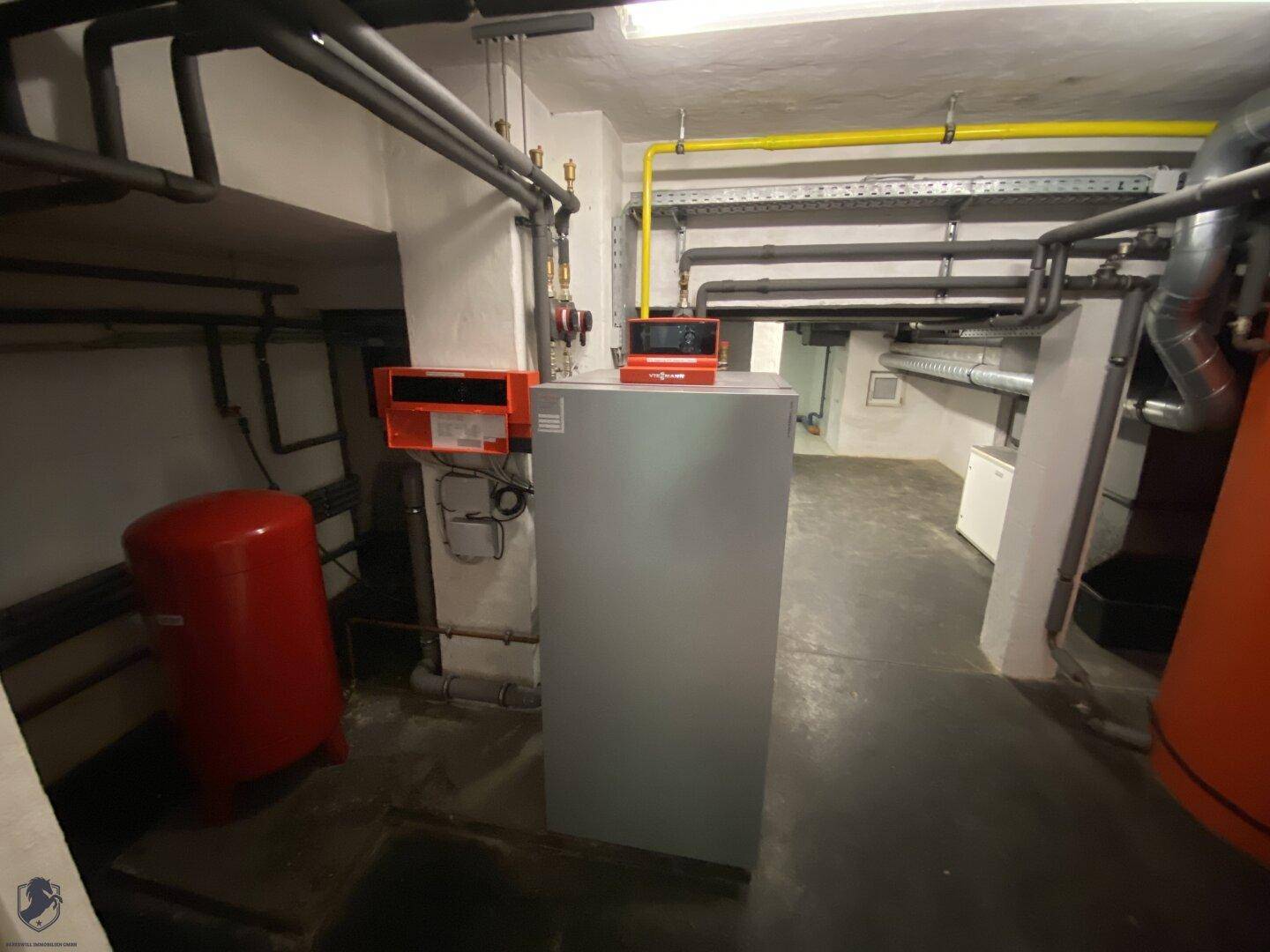Heizungsraum mit modernen Heizungsanlagen, Rohren und technischer Ausstattung.