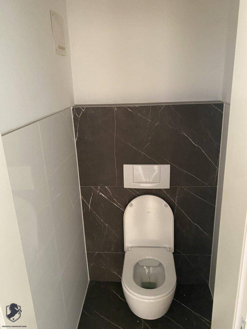 Modernes WC mit dunklen Marmorfliesen und weißer Wandverkleidung, minimalistisch gestaltet.