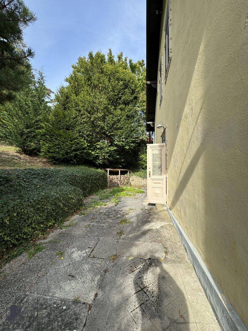 Gepflasterter Weg entlang der Hauswand mit Hecke und Bäumen im Hintergrund an einem sonnigen Tag.
