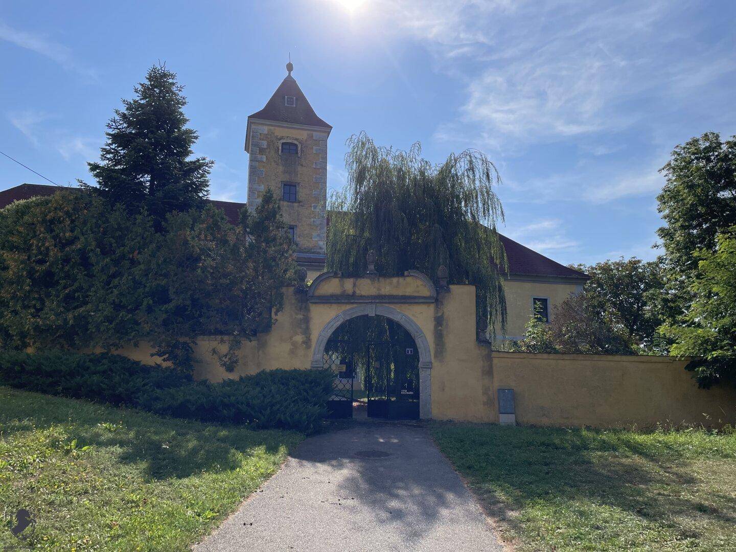 Historisches Schloss mit markantem Turm, umgeben von Bäumen und einem alten Torbogen.