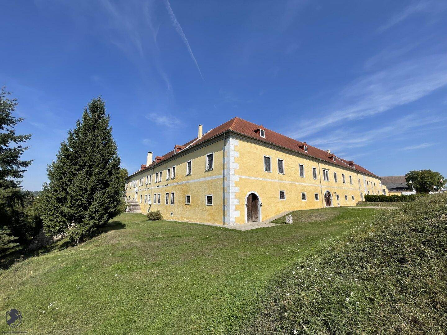 Historisches Schlossgebäude mit weitläufigen Rasenflächen und hohen Bäumen unter blauem Himmel.