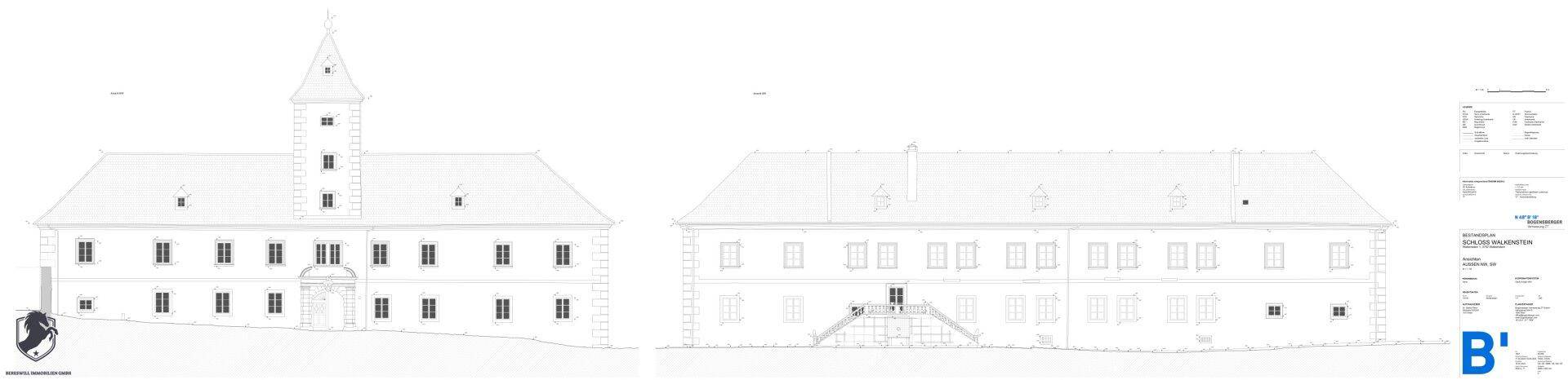 Architektonische Ansichten des Schlossgebäudes mit Turm und verschiedenen Fassadendetails.