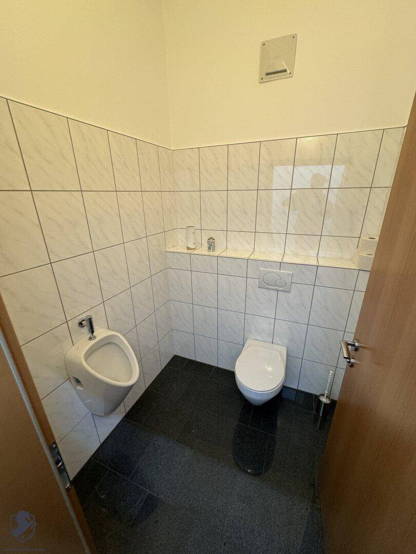 Toilette mit Urinal, wandhängendem WC, gefliesten Wänden und dunklem Fliesenboden.