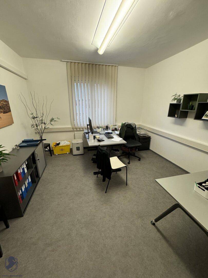 Geräumiges Büro mit mehreren Arbeitsplätzen, Teppichboden und praktischen Regalen für Organisation.