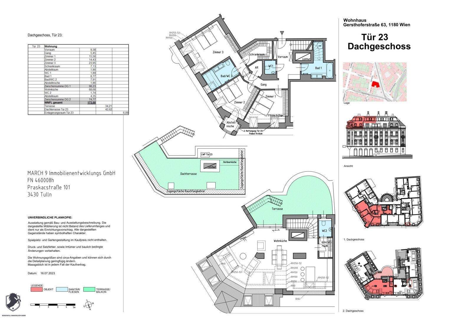 Detaillierter Grundriss des Dachgeschosses mit mehreren Zimmern, Bädern und einer großen Dachterrasse.