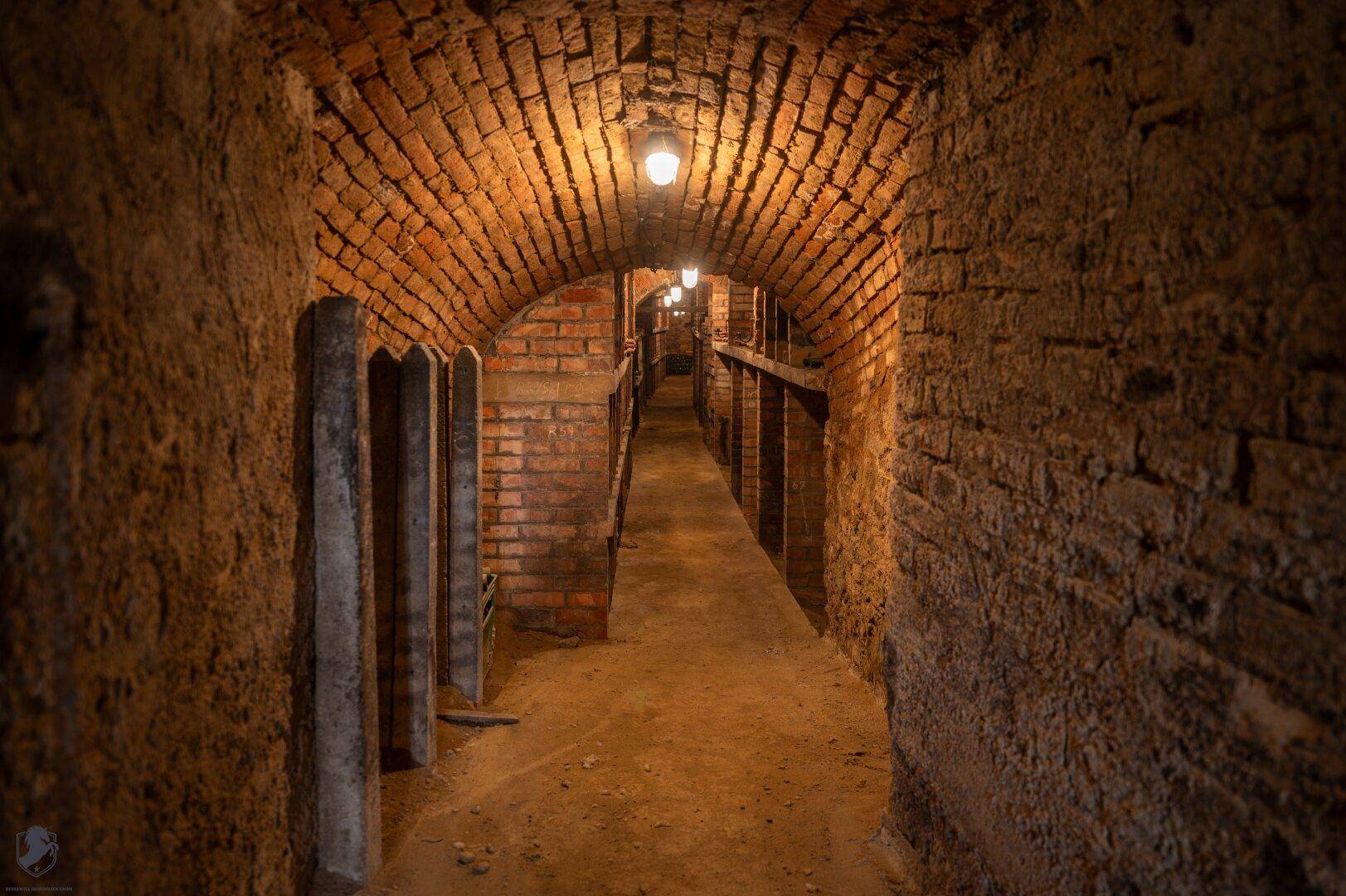 Historischer Ziegelkeller mit Gewölbedecke und gedämpfter Beleuchtung.