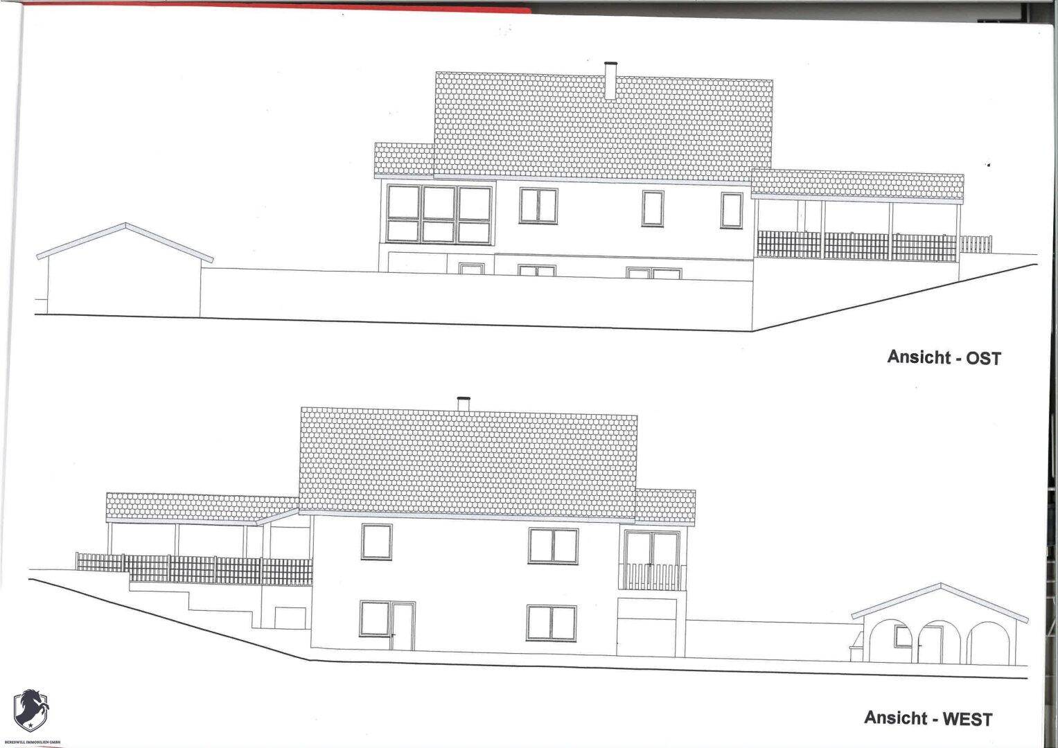 Architektonische Zeichnungen zeigen die Ost- und Westansichten des Hauses mit Balkonen.