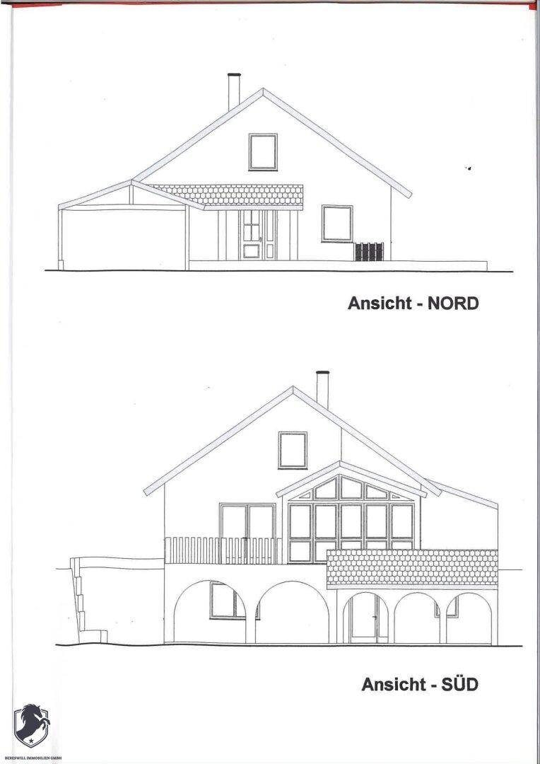 Architektonische Zeichnungen zeigen die Nord- und Südansichten des Hauses mit Veranda und Balkon.