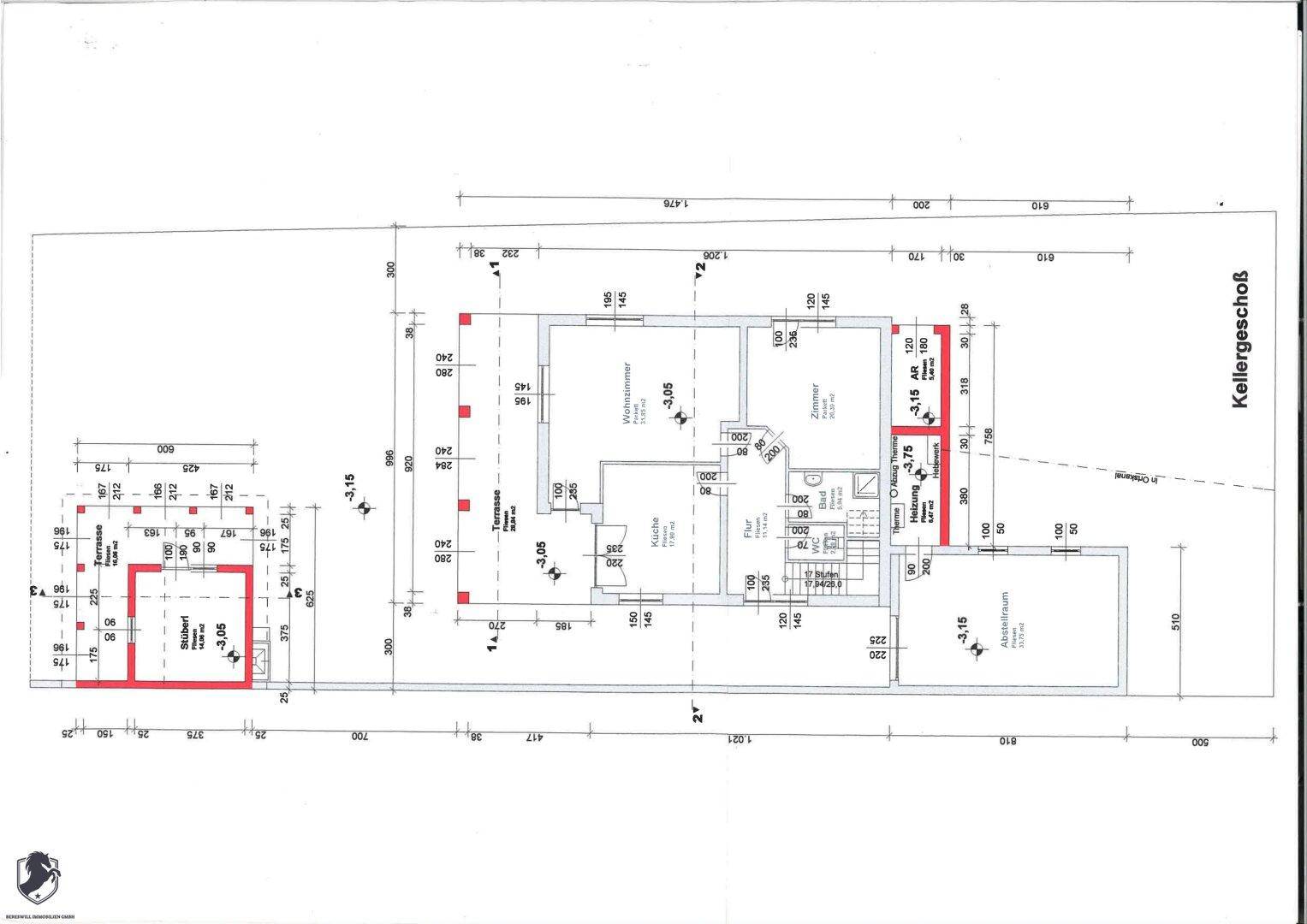 Grundriss des Kellergeschosses mit verschiedenen Räumen und Abstellflächen.