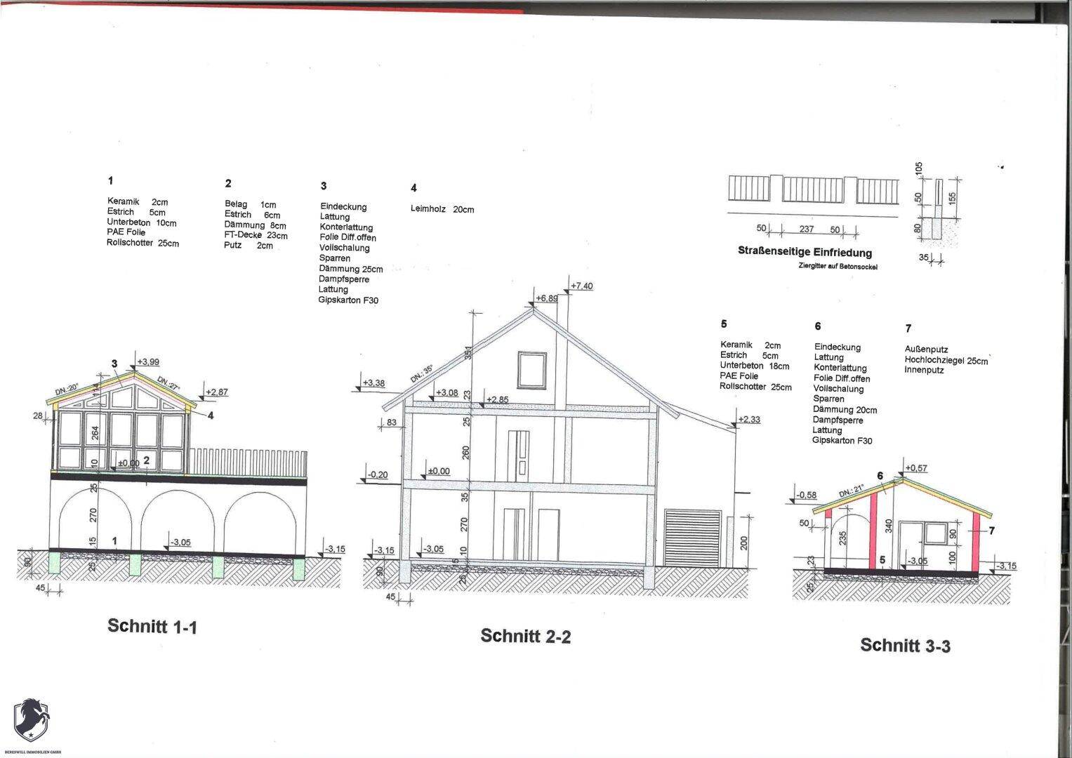 Architektonische Schnitte des Hauses zeigen die Konstruktion und Dachstruktur.
