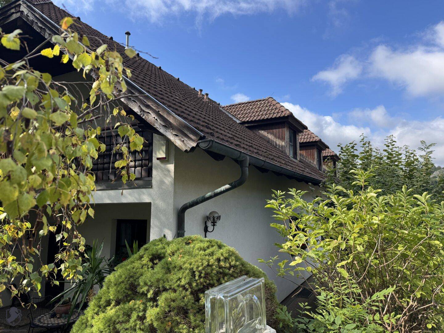 Seitenansicht des Hauses mit Satteldach, Dachgauben und grüner Bepflanzung.
