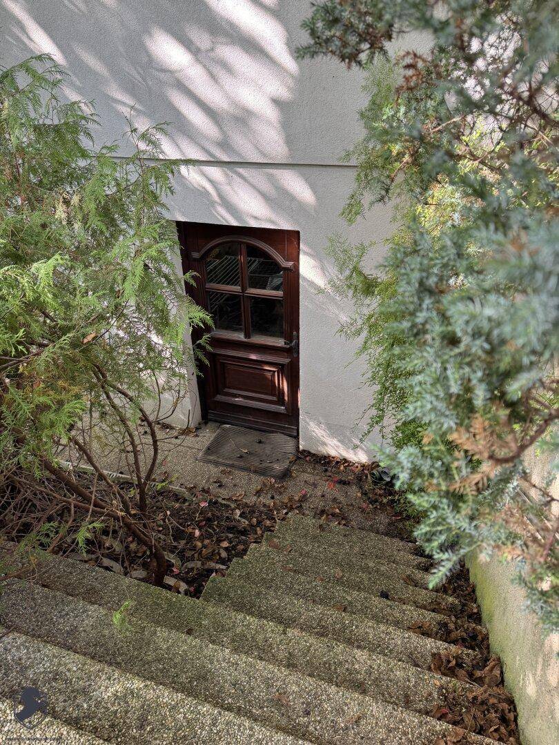 Steintreppe führt zu einer Holztür, die den Zugang zum Untergeschoss ermöglicht.