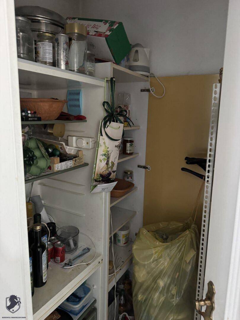 Praktische Speisekammer mit Regalen für Vorräte und Haushaltsgeräte.