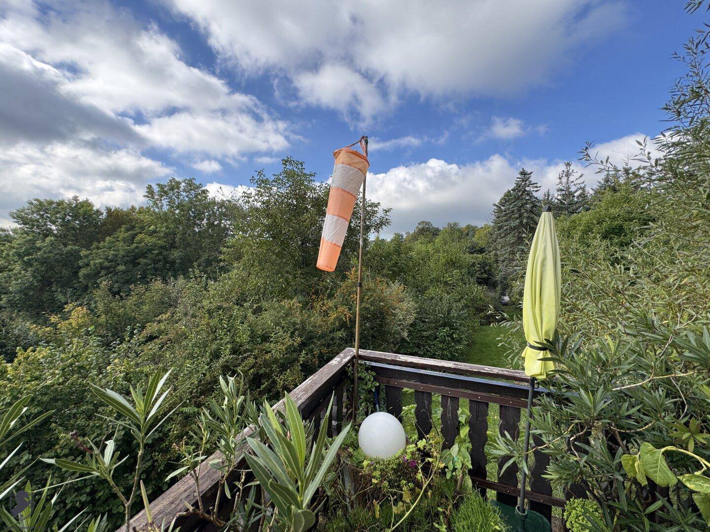 Balkon mit üppiger Bepflanzung und weitem Blick ins Grüne unter blauem Himmel.