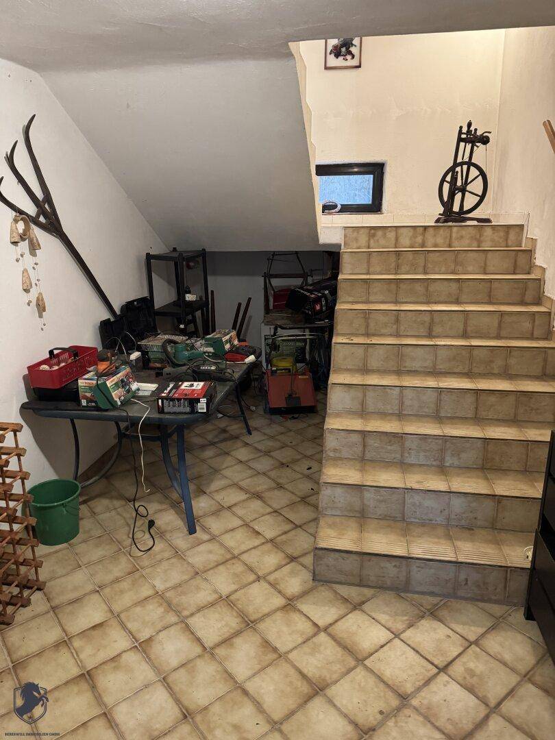 Kellerraum mit Fliesenboden, Werkzeugen und Lagerflächen unter der Treppe.