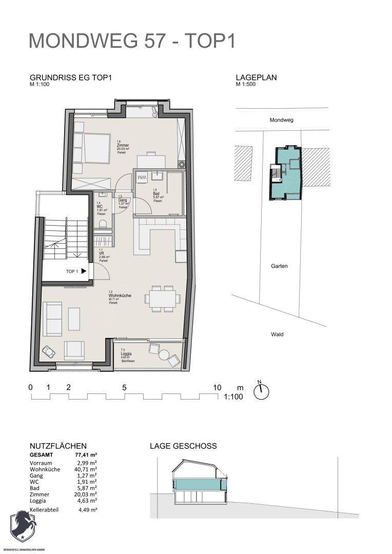 Detaillierter Grundriss des Erdgeschosses mit Wohnküche, Schlafzimmer und Loggia.