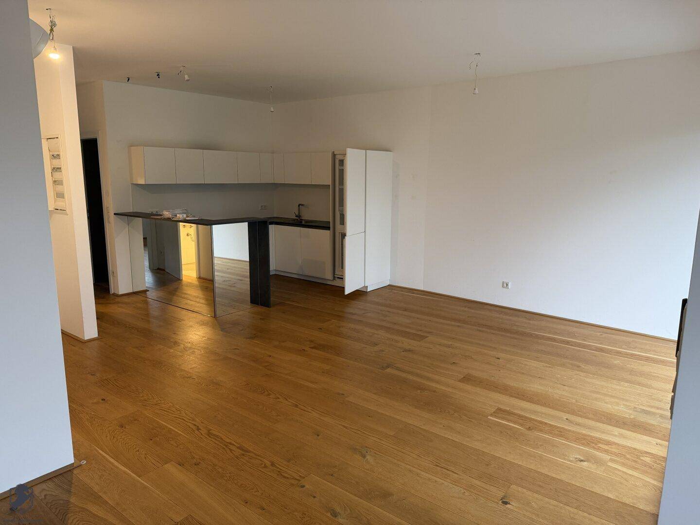Geräumiger offener Wohnbereich mit Holzboden und integrierter Küchenzeile, ideal für modernes Wohnen.